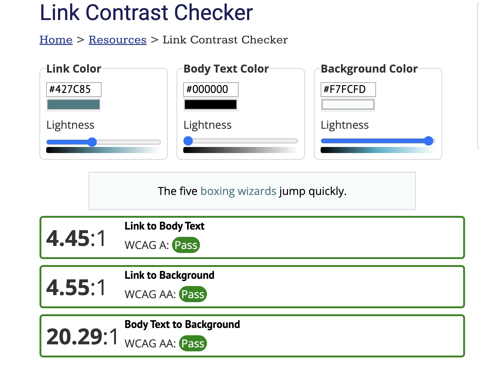 A screenshot of a link contrast checker that shows that the link color, body text color, and background color pass WCAG A and WCAG AA contrast checks.